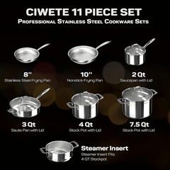 Bộ nồi inox cao cấp Ciwete 7 món có xửng hấp kèm chảo inox