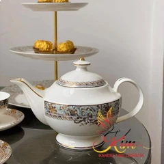 Đĩa 3 tầng bộ trà sứ xanh ngọc dây vàng Imperial London