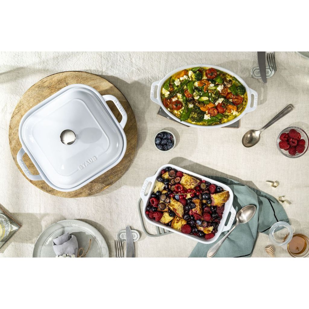 Set 3 khay gốm chữ nhật bỏ lò Staub màu trắng
