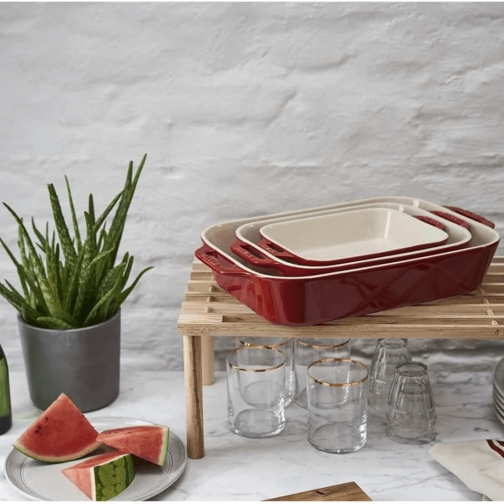 Set 3 khay gốm chữ nhật bỏ lò Staub màu đỏ
